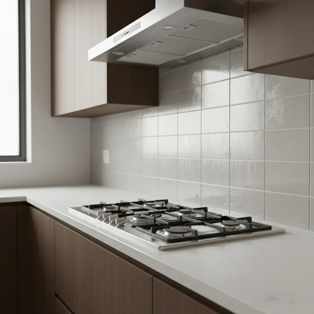 Gas stove top on white counter with greasy white wall tiles and silver range hood