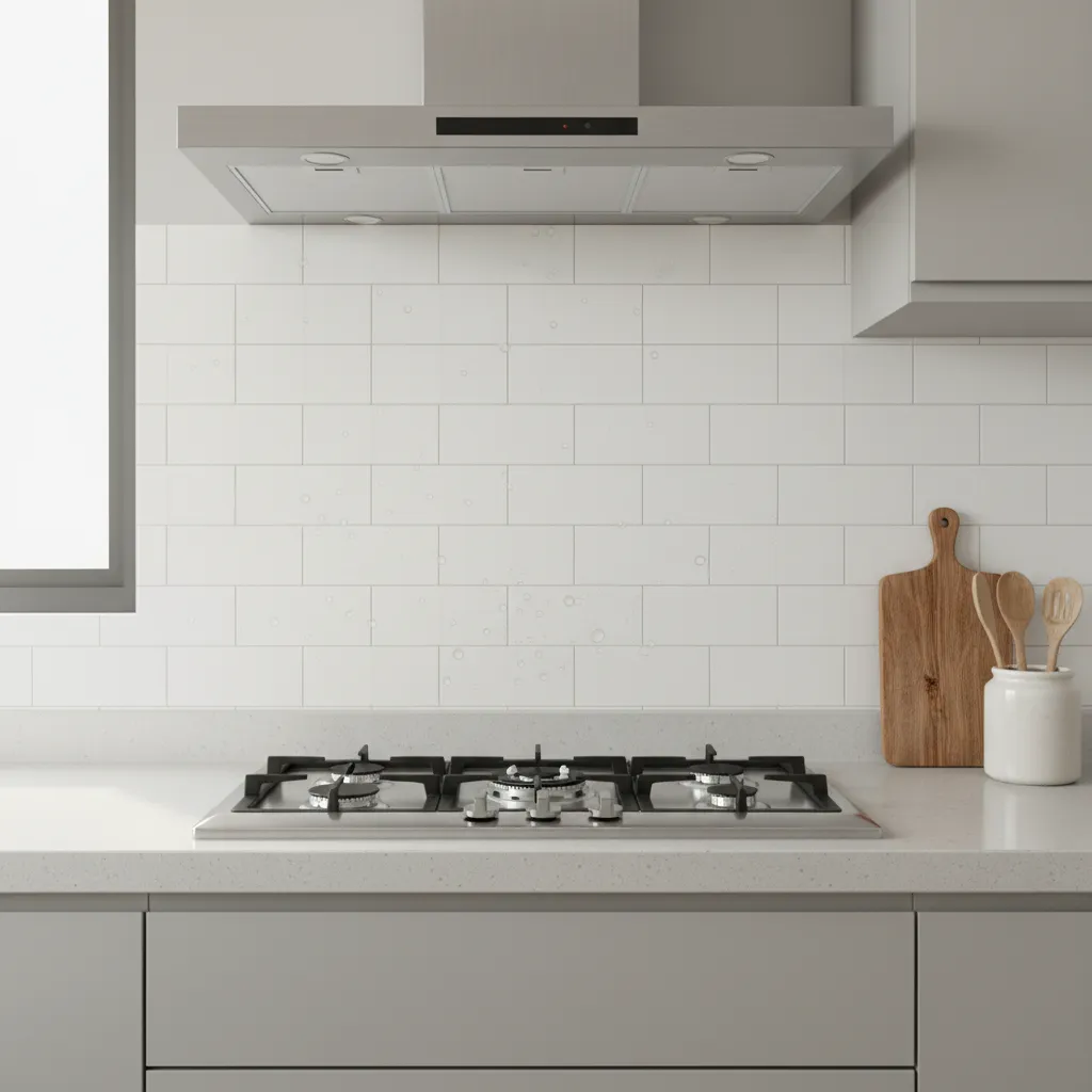kitchen backsplash tiles with visible grease stains near stove