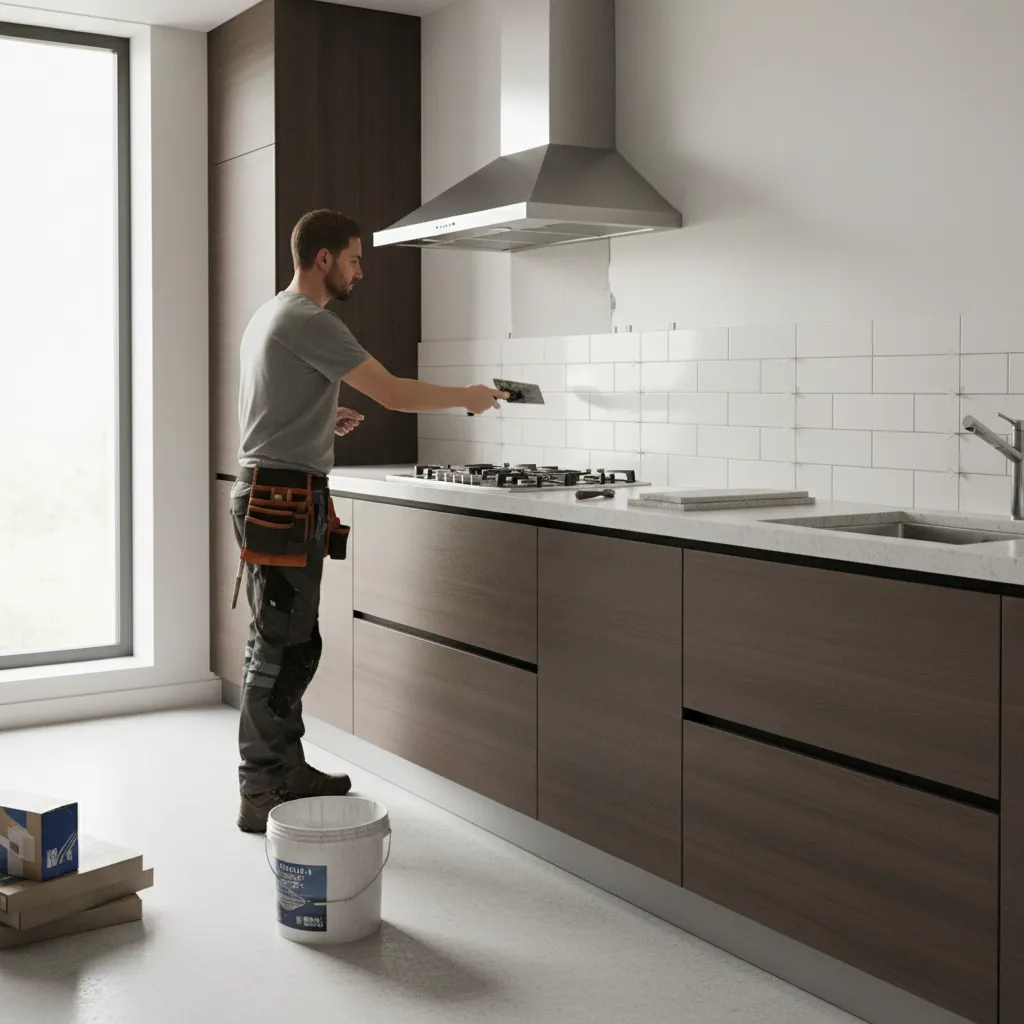 tiler installing kitchen backsplash tiles above countertop