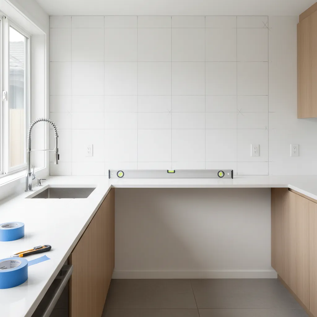 Kitchen wall with marked layout lines for backsplash tile installation