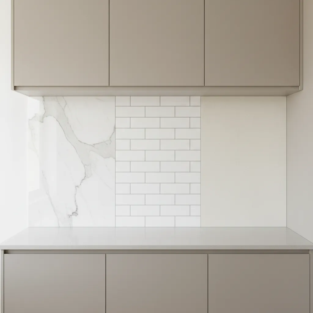 different backsplash materials behind kitchen counters including tile and slab