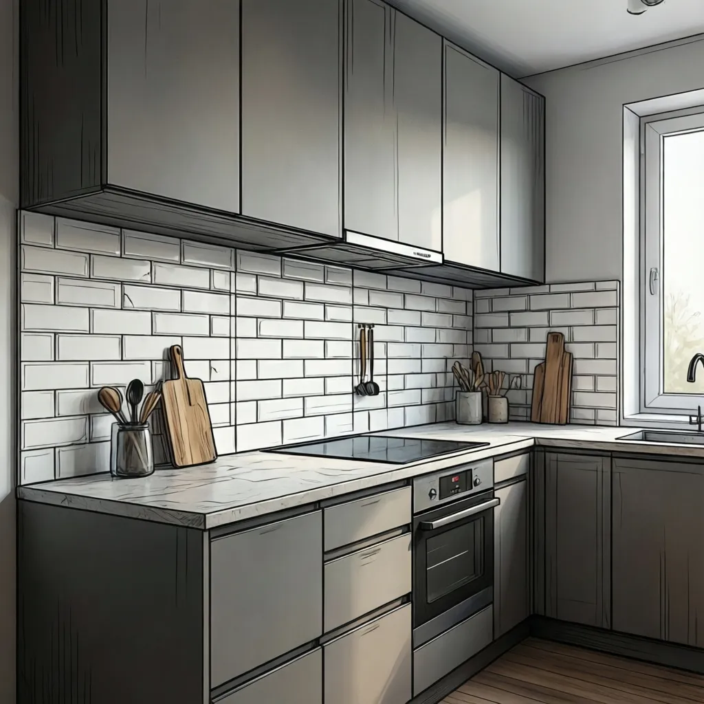 Kitchen backsplash wall divided into measurement sections for square footage calculation