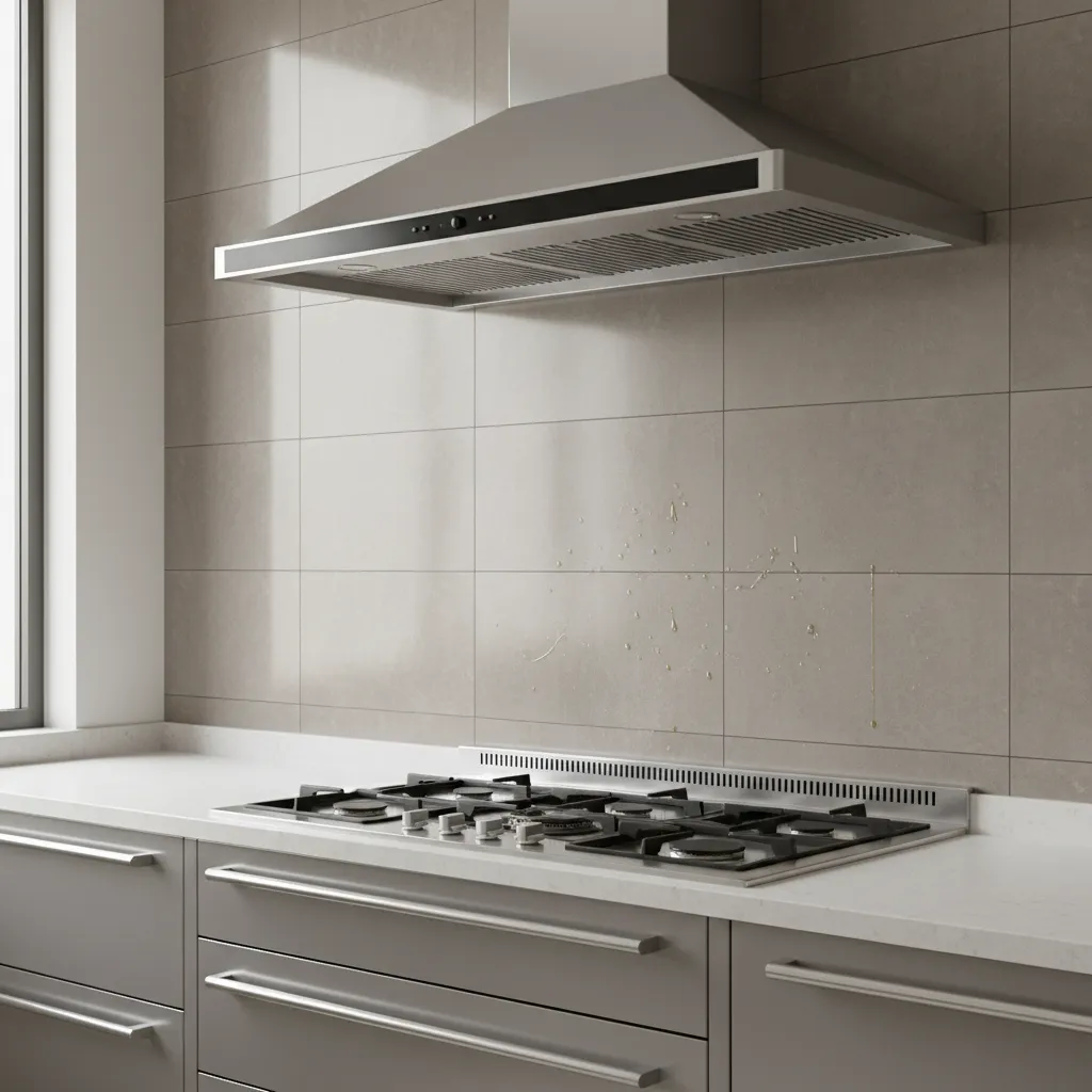 Oil splatters on kitchen backsplash tiles behind stove