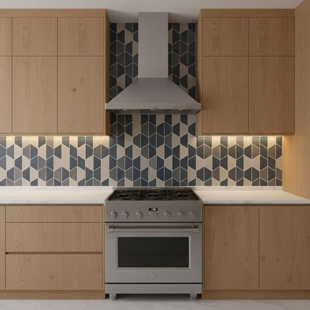 patterned accent backsplash tiles behind stove in modern kitchen