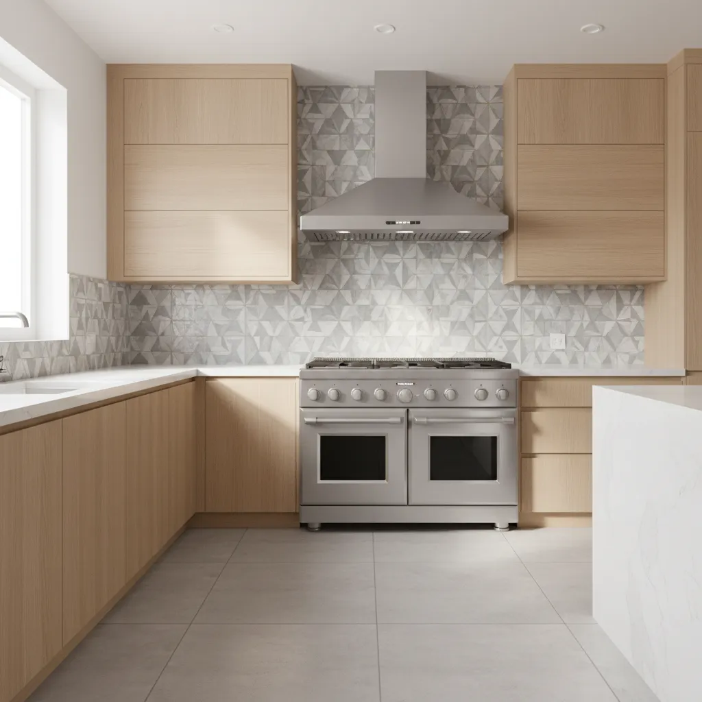Modern kitchen backsplash protecting wall behind stove