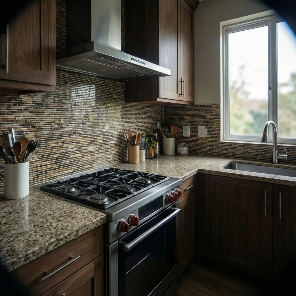 Kitchen backsplash covering wall behind stove and sink in a modern kitchen