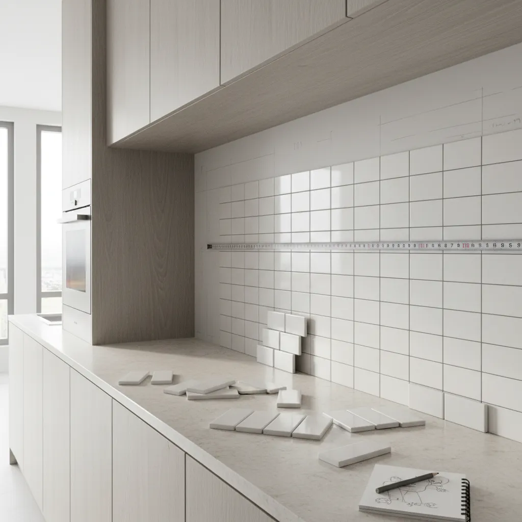 Planning tile layout on a kitchen backsplash wall before installation