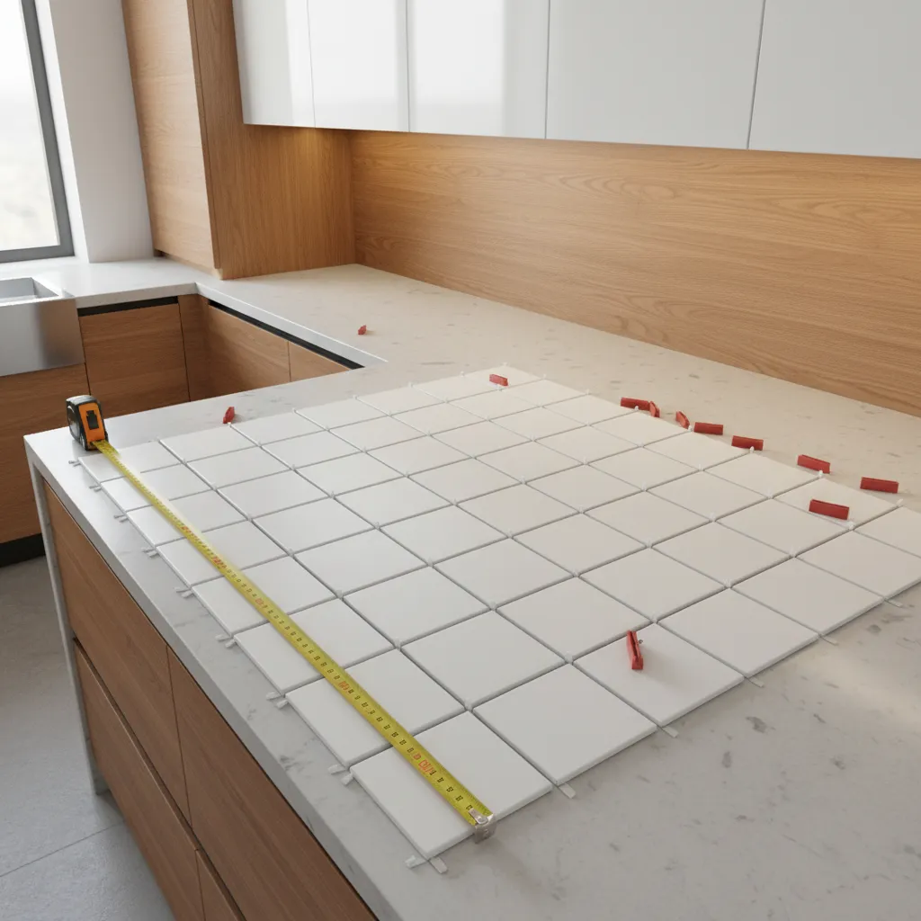 dry layout of kitchen backsplash tiles on countertop before installation