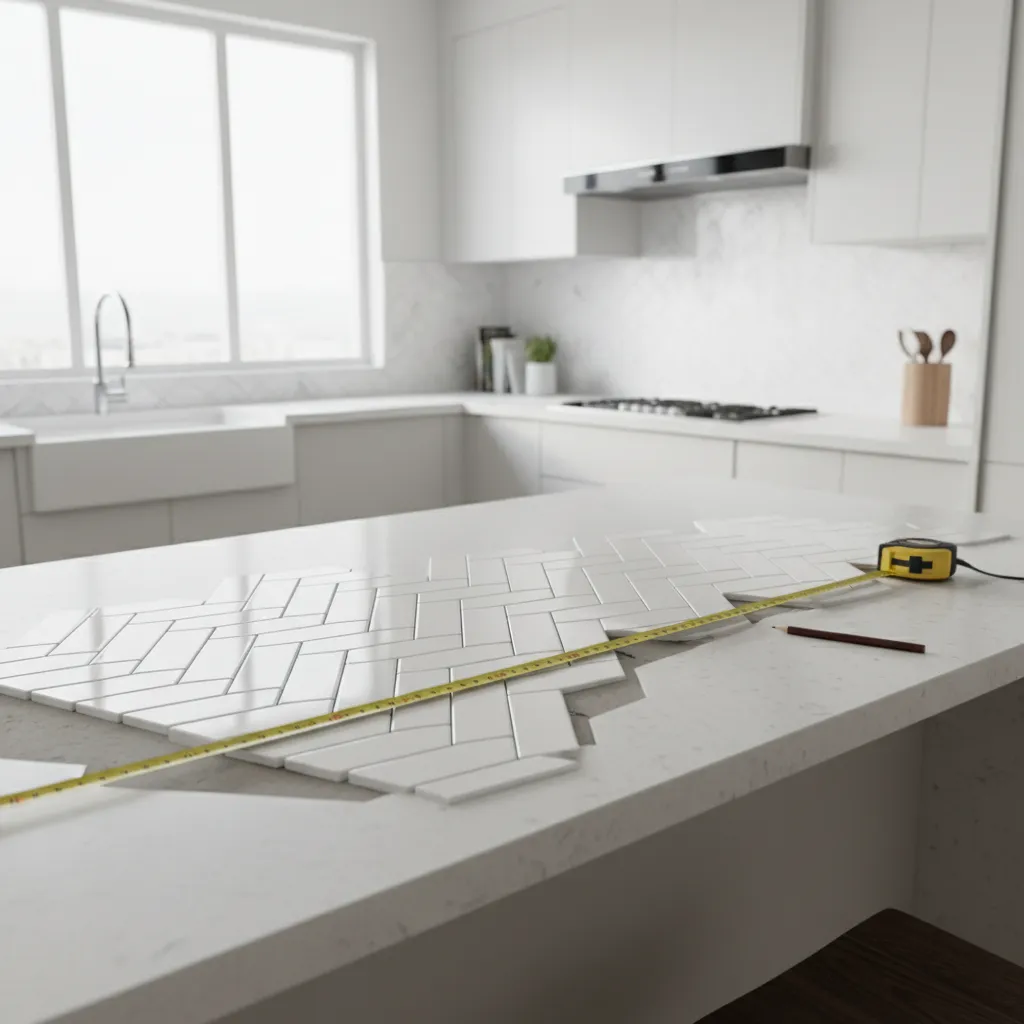 Kitchen backsplash tile layout planning with tiles arranged before installation