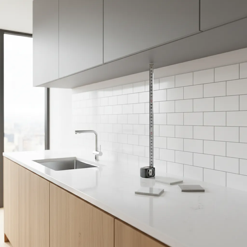 measuring kitchen backsplash area between countertop and cabinets