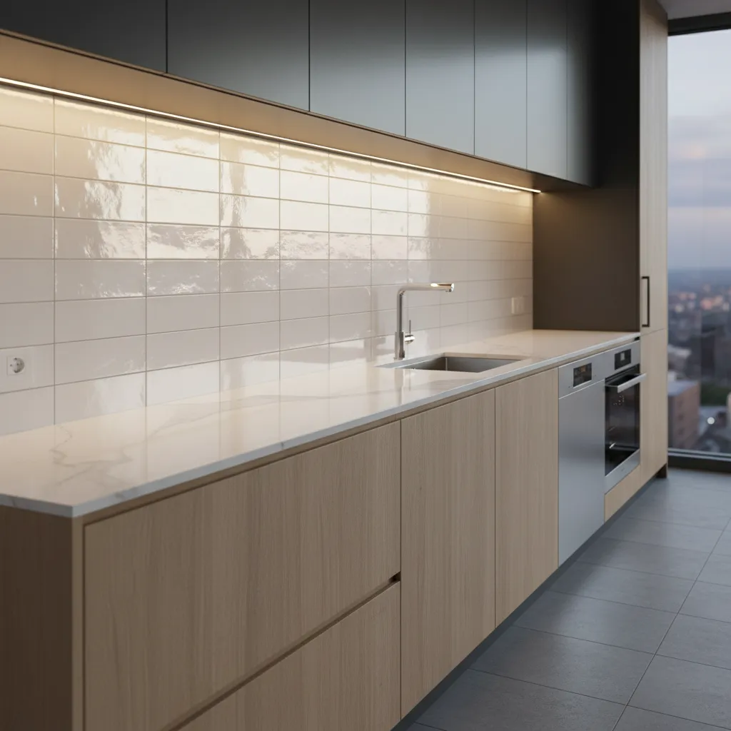 Kitchen backsplash enhanced with warm under cabinet lighting