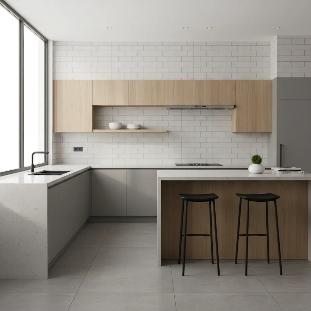 Kitchen wall runs behind countertops showing backsplash coverage zones