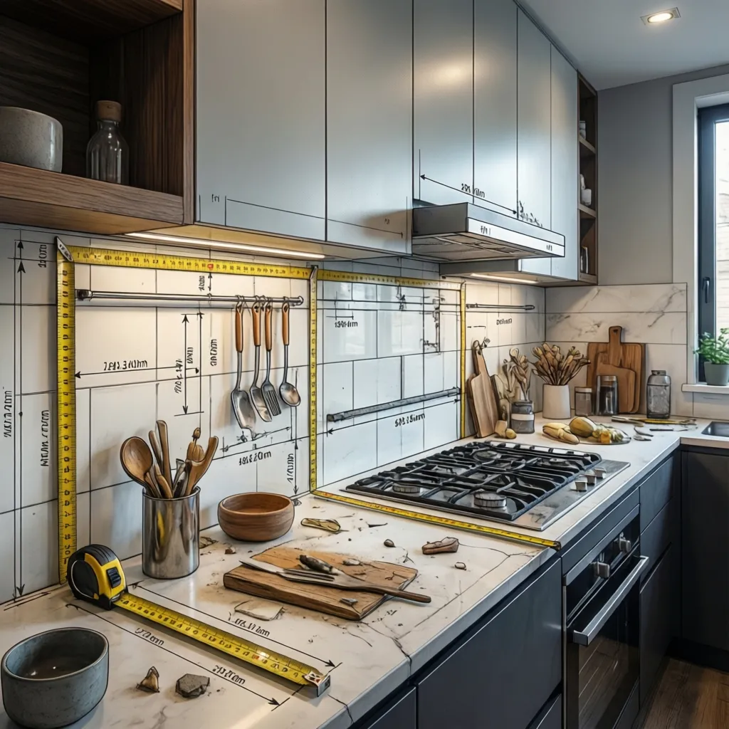 kitchen backsplash wall divided into measurement sections