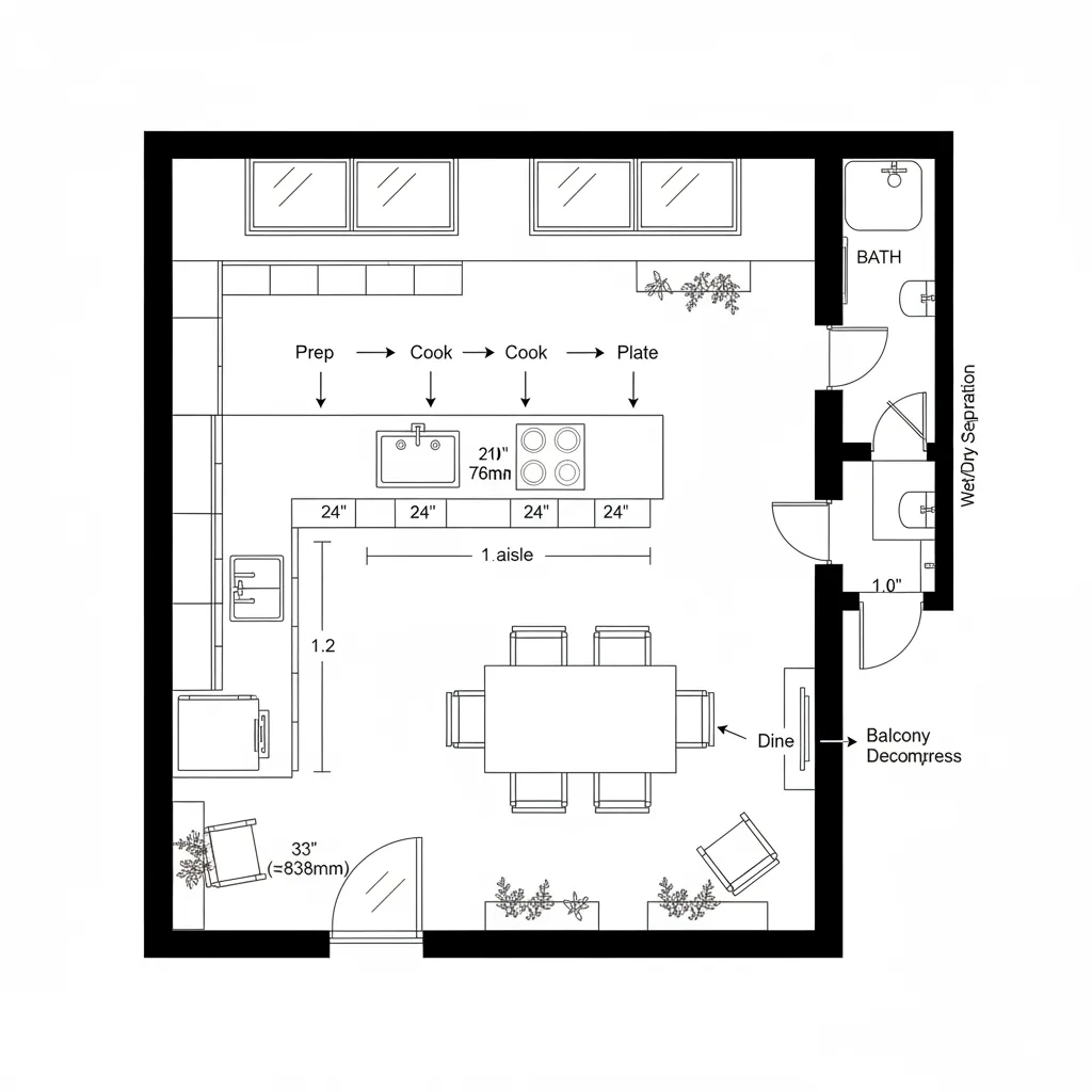 Top-down plan of efficient kitchen with dining and balcony access