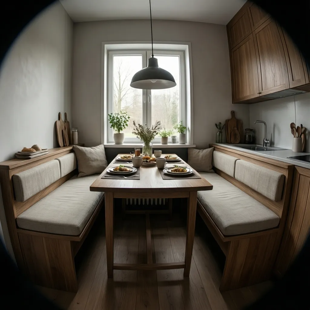 Kitchen breakfast nook with removable foam bench cushions and wooden dining table