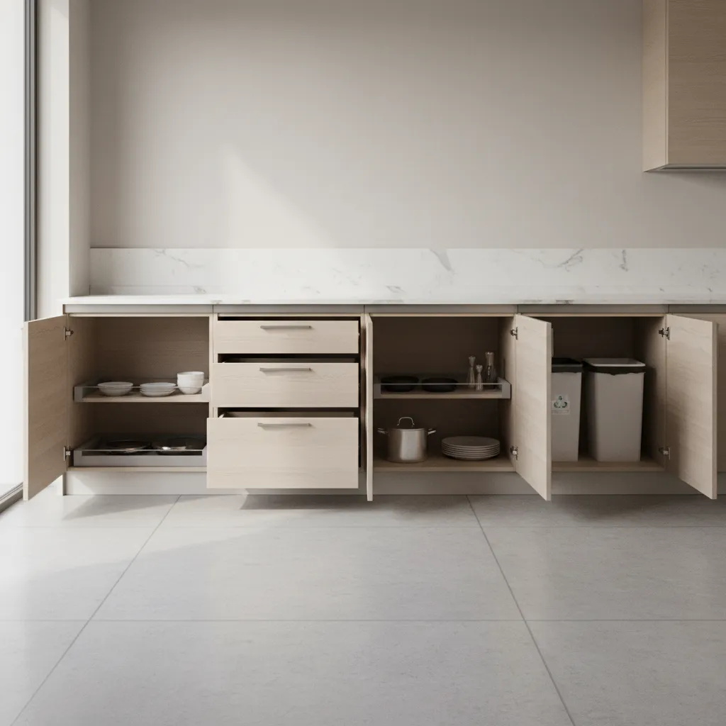 open kitchen showing base cabinet frames supporting a quartz countertop