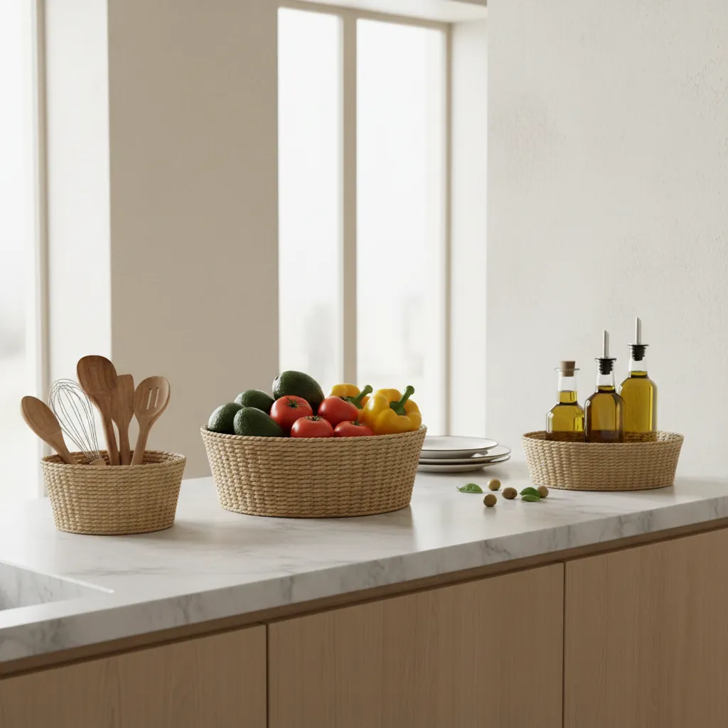 decorative baskets organizing kitchen counter items like oils and produce