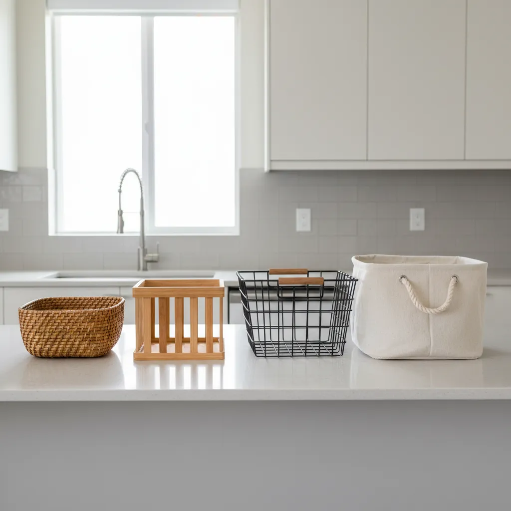 Comparison of wicker bamboo metal and fabric kitchen storage baskets on countertop