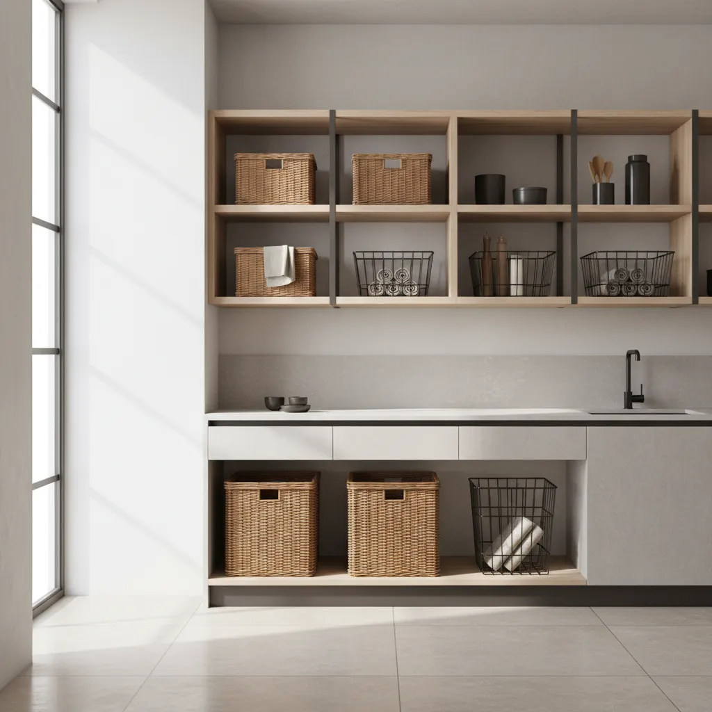 Kitchen shelf layout showing properly sized storage baskets