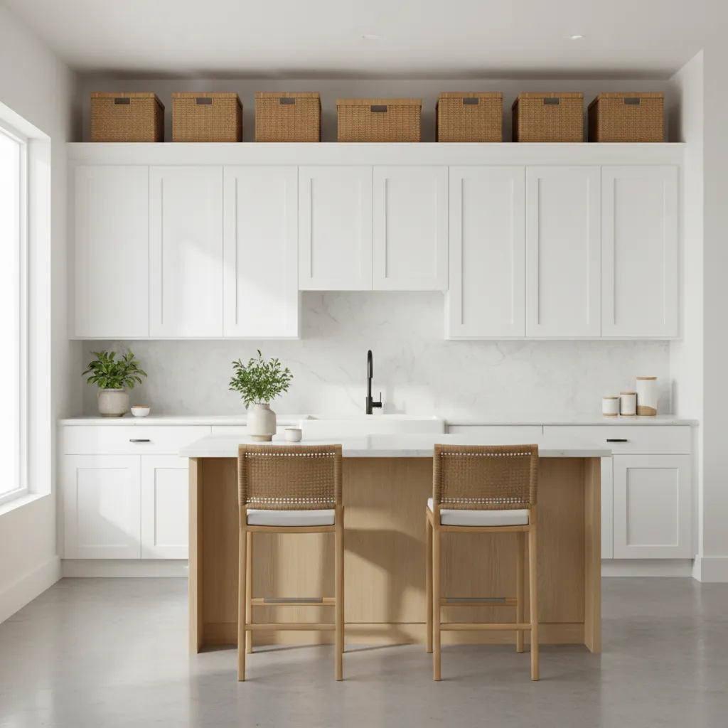 Woven baskets neatly placed above white kitchen cabinets for storage