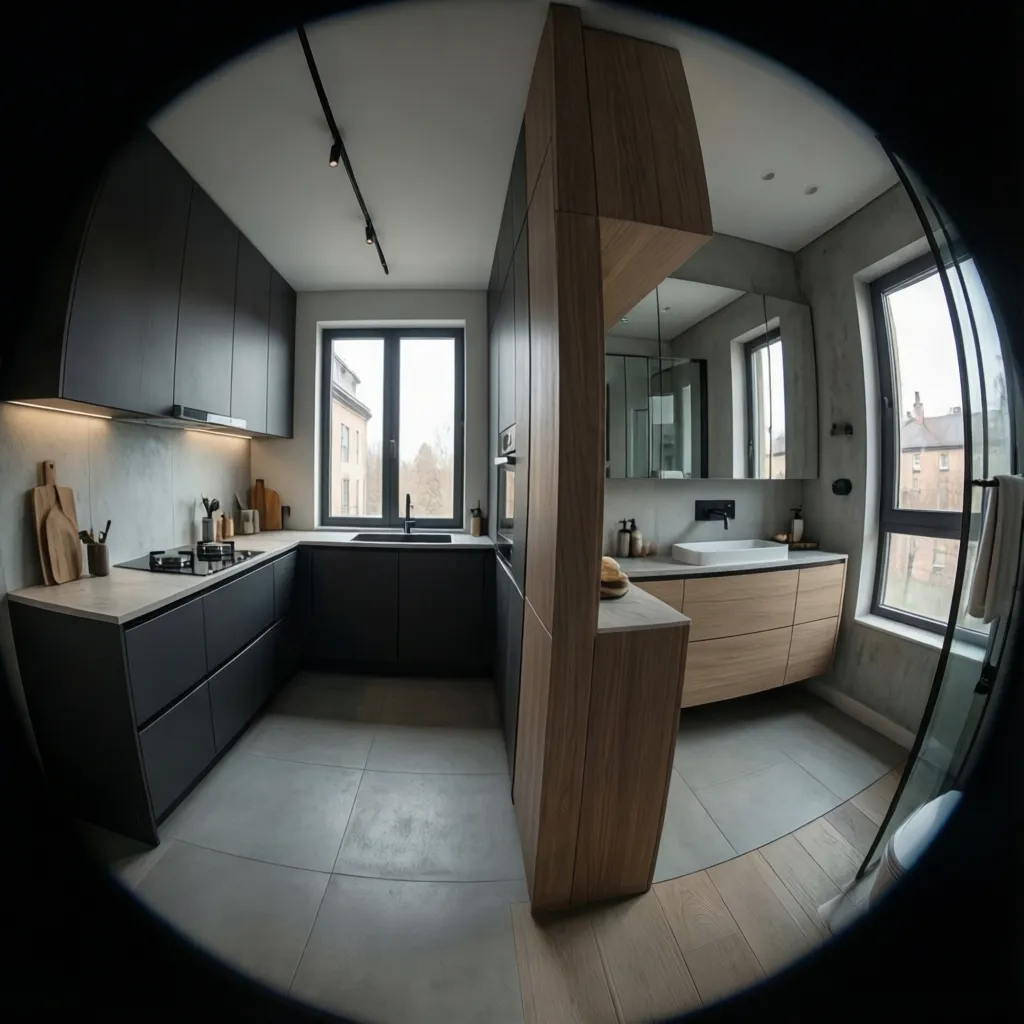 Modern kitchen and bathroom positioned on opposite sides of a shared wall