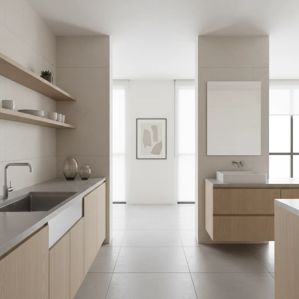 Interior layout showing kitchen sink and bathroom vanity aligned on opposite sides of wall