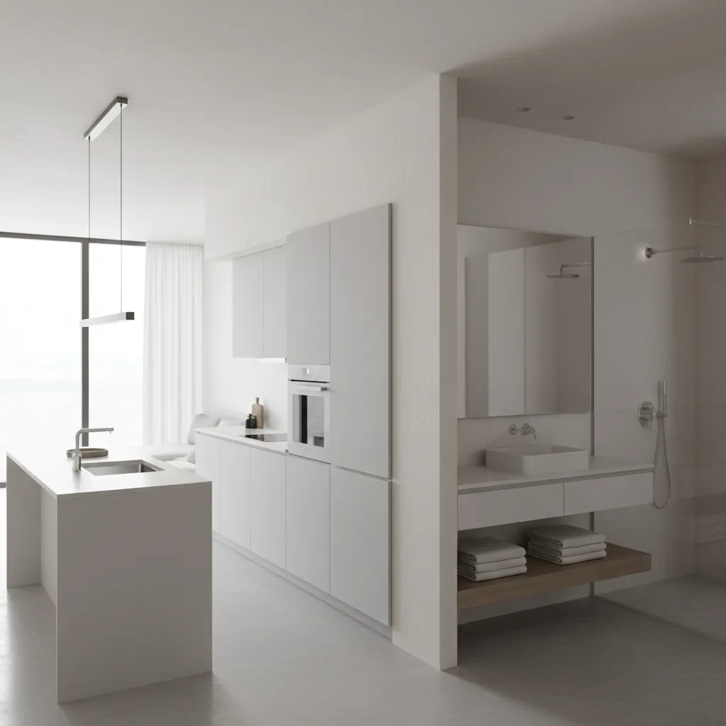 Kitchen and bathroom positioned back to back sharing a wall