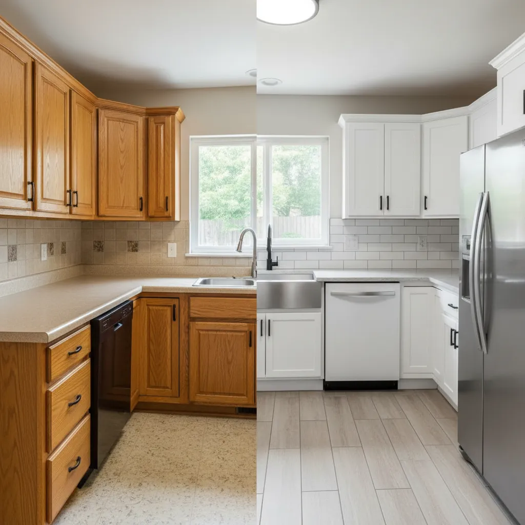 comparison of outdated kitchen cabinets and newly refaced cabinets