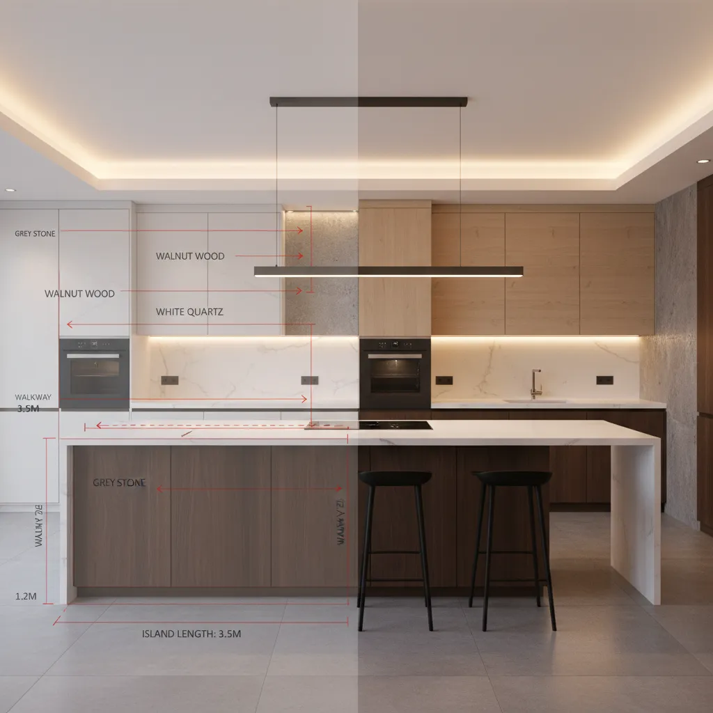 Comparison of early kitchen layout plan and finished modern kitchen design