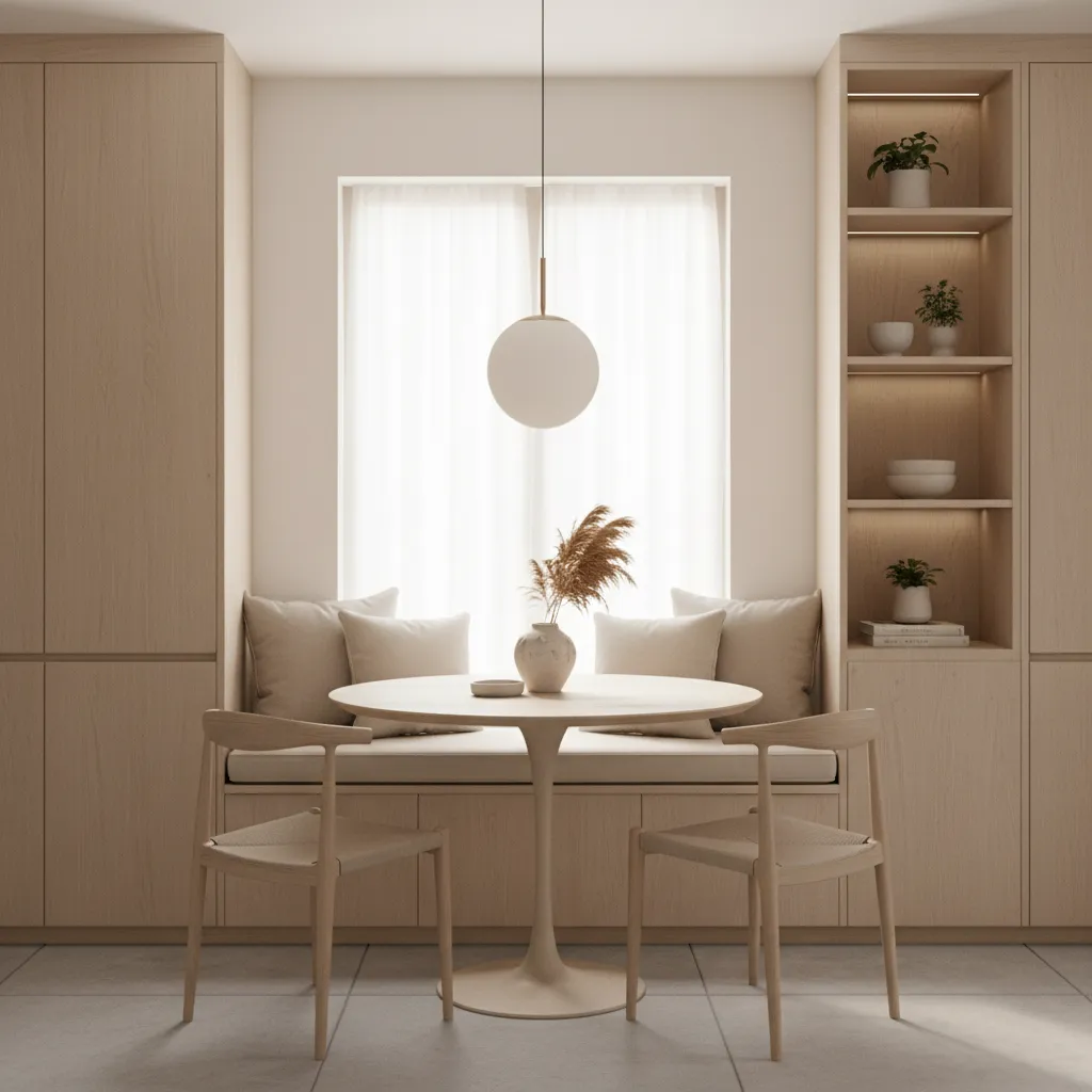 Cozy kitchen breakfast nook with upholstered bench seat cushions