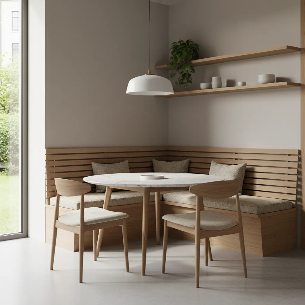 kitchen banquette bench with fabric cushions near dining table
