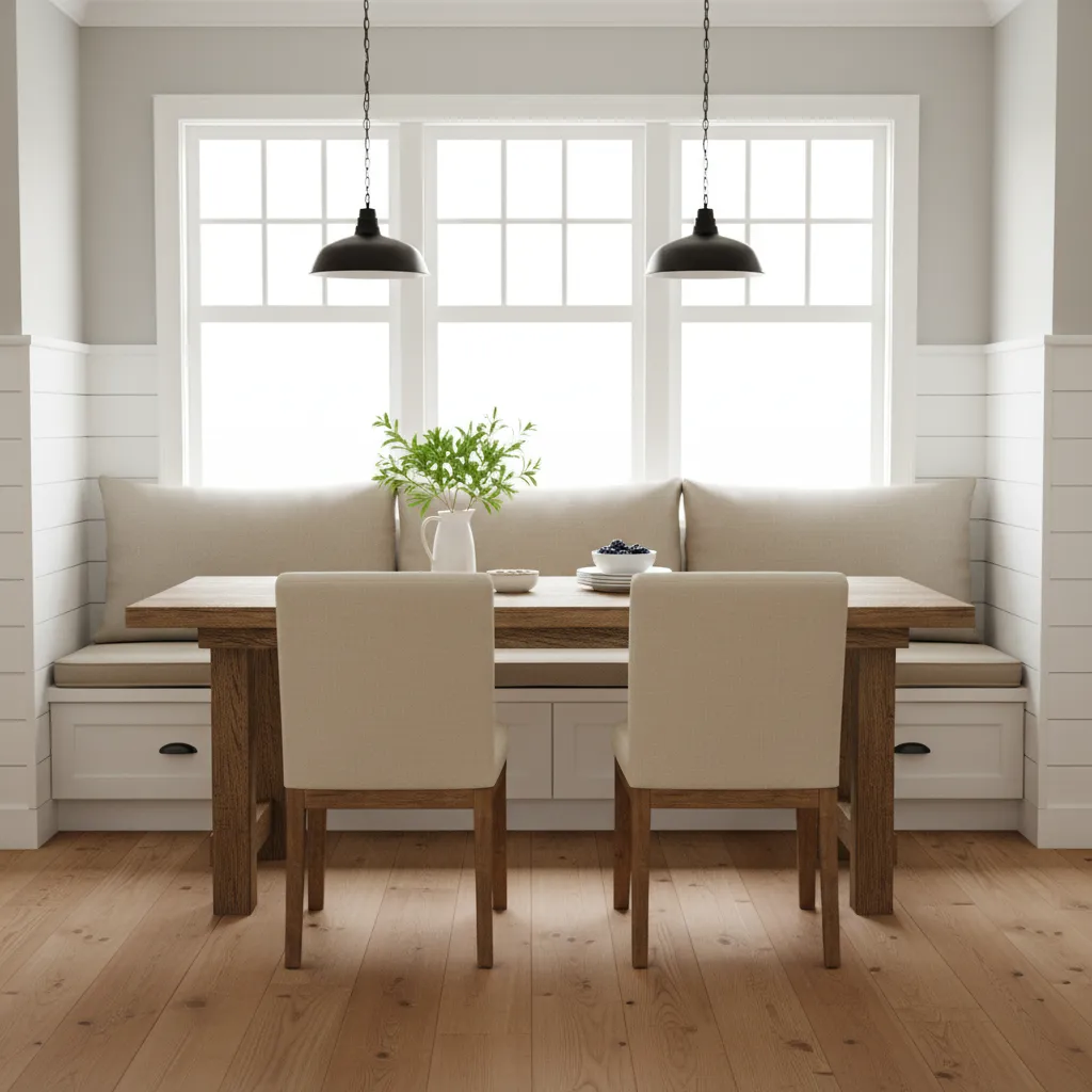 bright breakfast nook with bench cushion seating