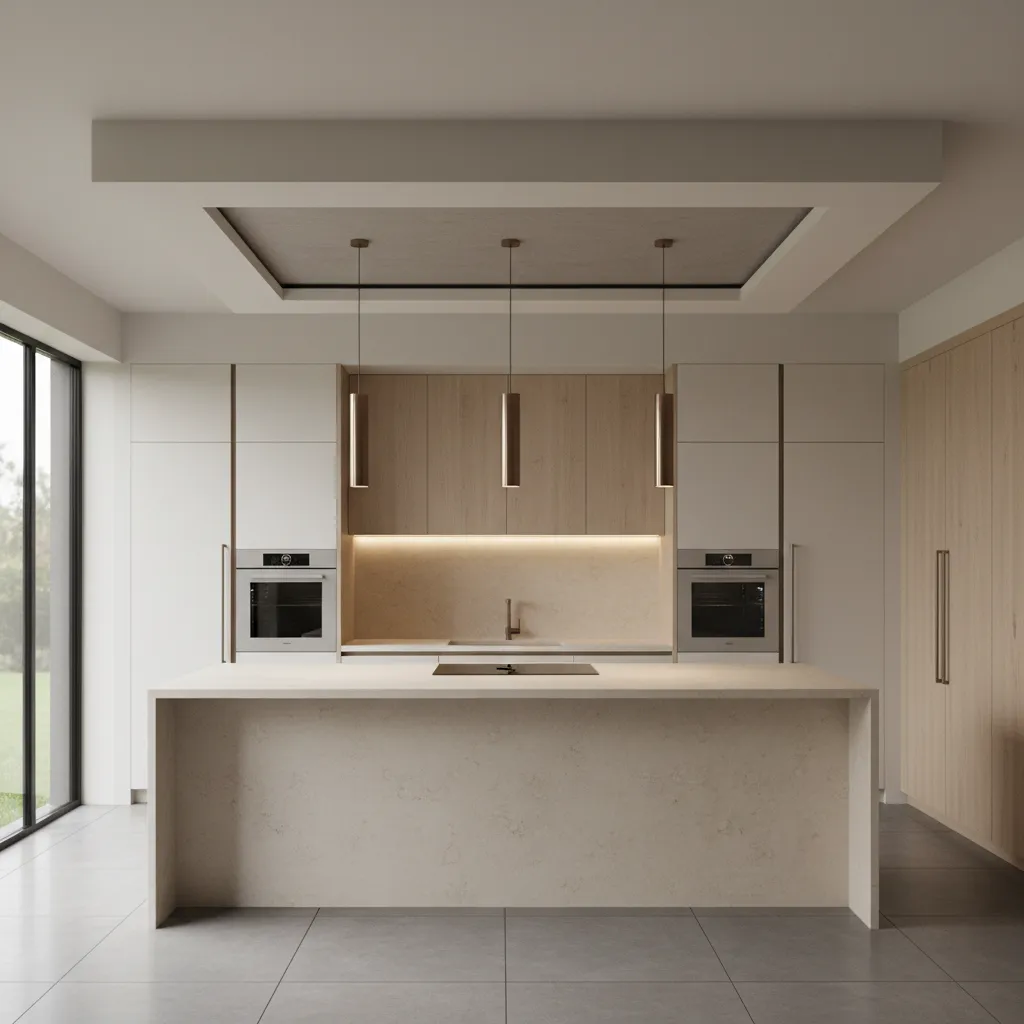 kitchen island aligned with two tone ceiling boxing design