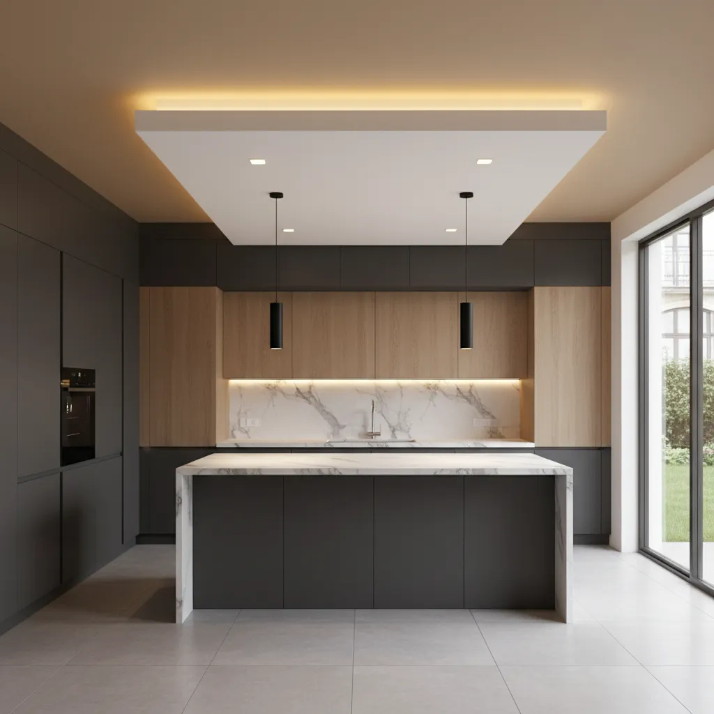 kitchen ceiling boxing with hidden LED strip lighting