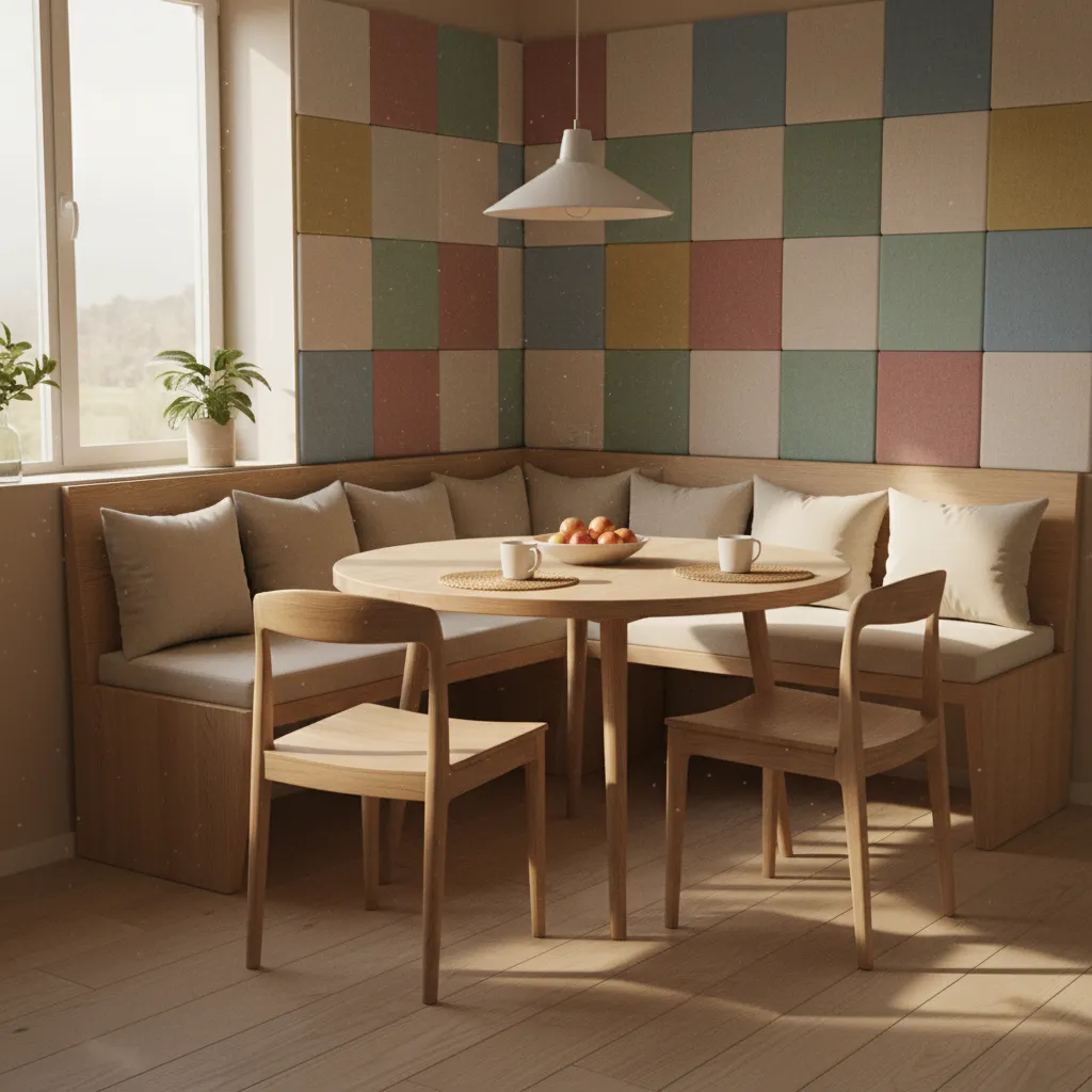 Breakfast nook with quilt style felt tile wall behind bench seating