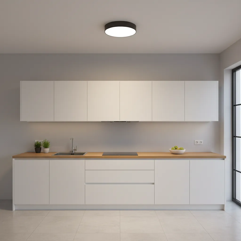 Kitchen workspace illuminated by bright plug-in ceiling light fixture