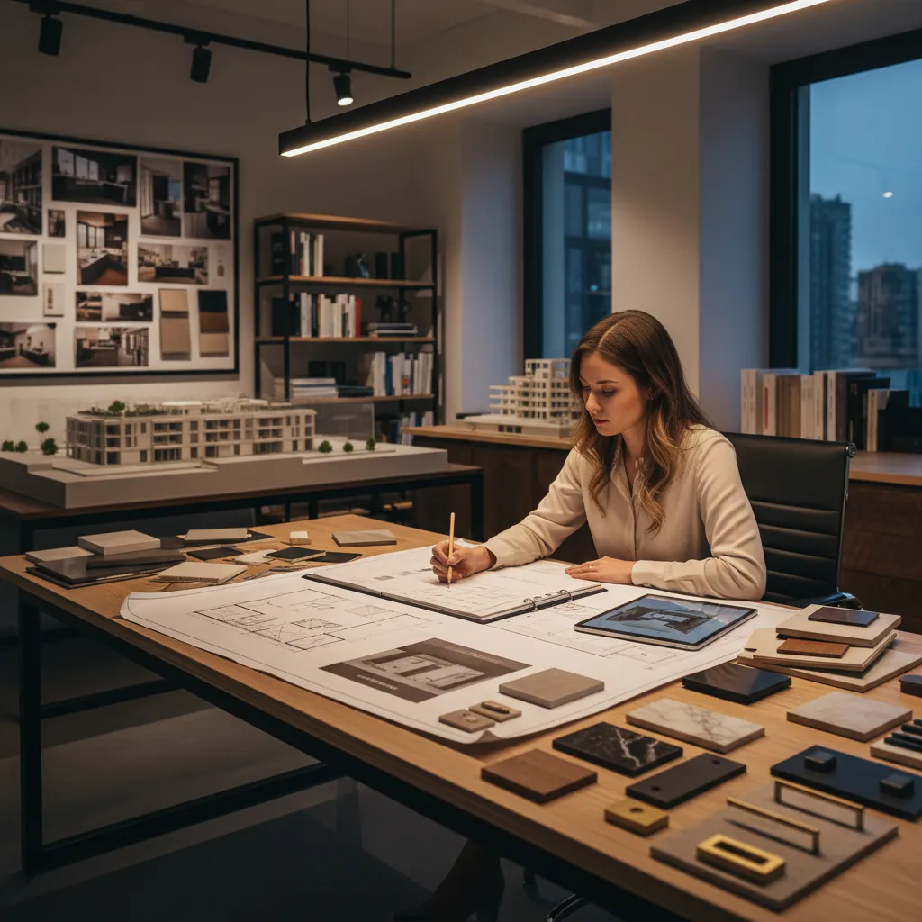 Diseñador revisando plano de cocina y presupuesto en una mesa de trabajo