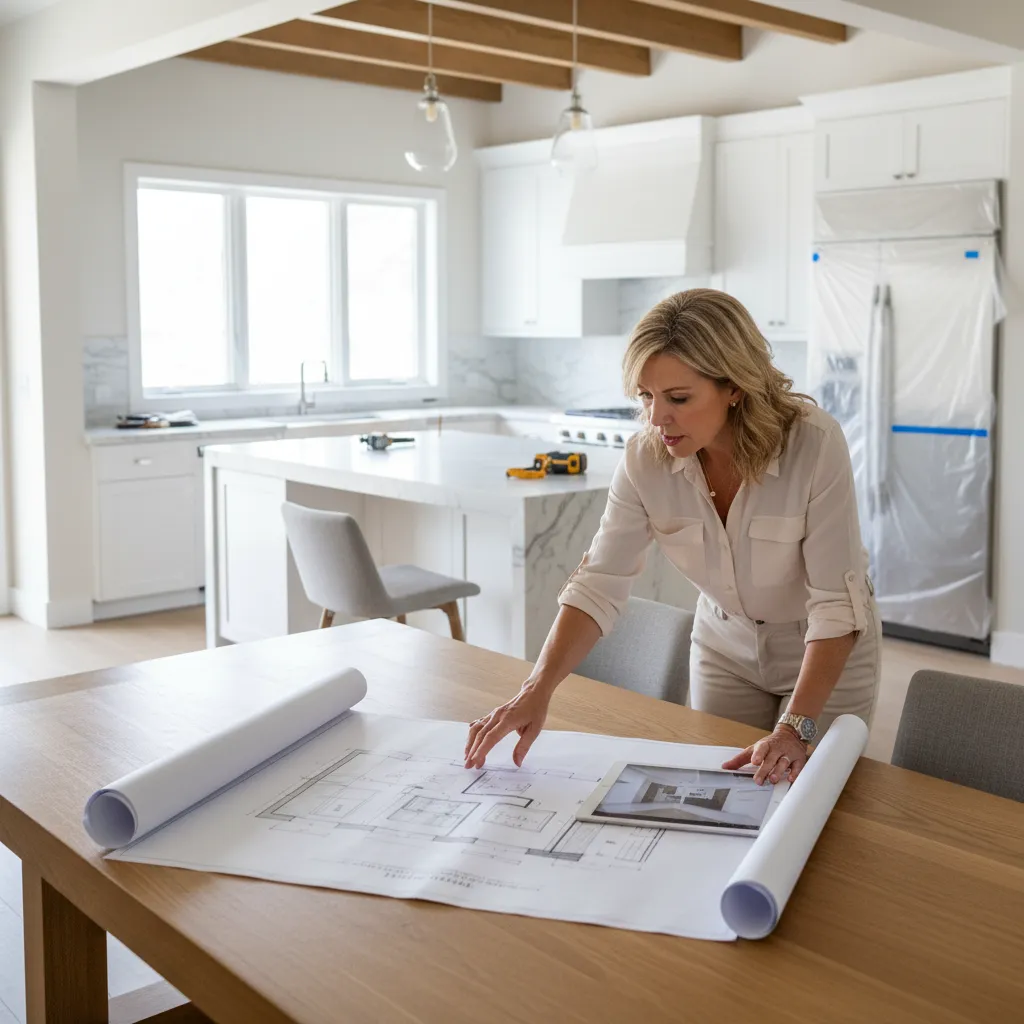 homeowner planning kitchen renovation budget with design layout