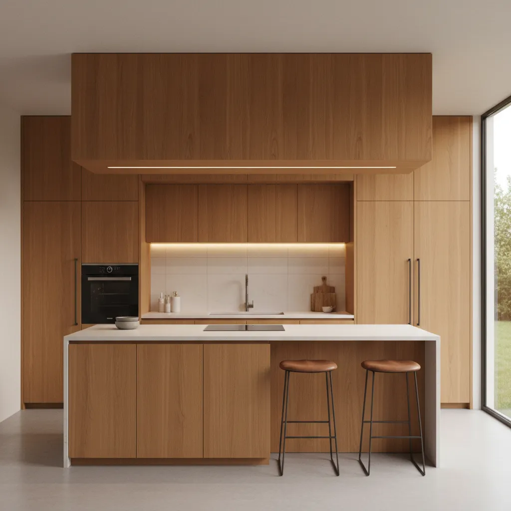 Kitchen cabinets extended to meet a ceiling bulkhead for seamless design