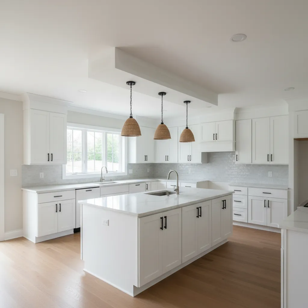 Kitchen ceiling bulkhead covering ductwork above cabinets