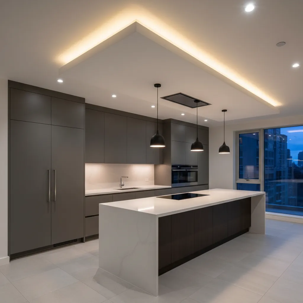 Kitchen ceiling bulkhead with hidden LED lighting channel