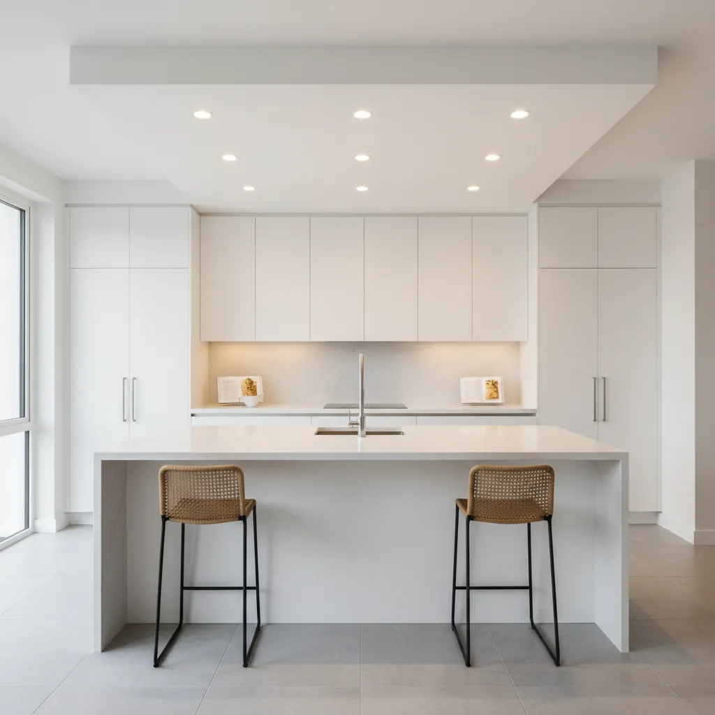 Kitchen ceiling bulkhead with recessed lighting above an island
