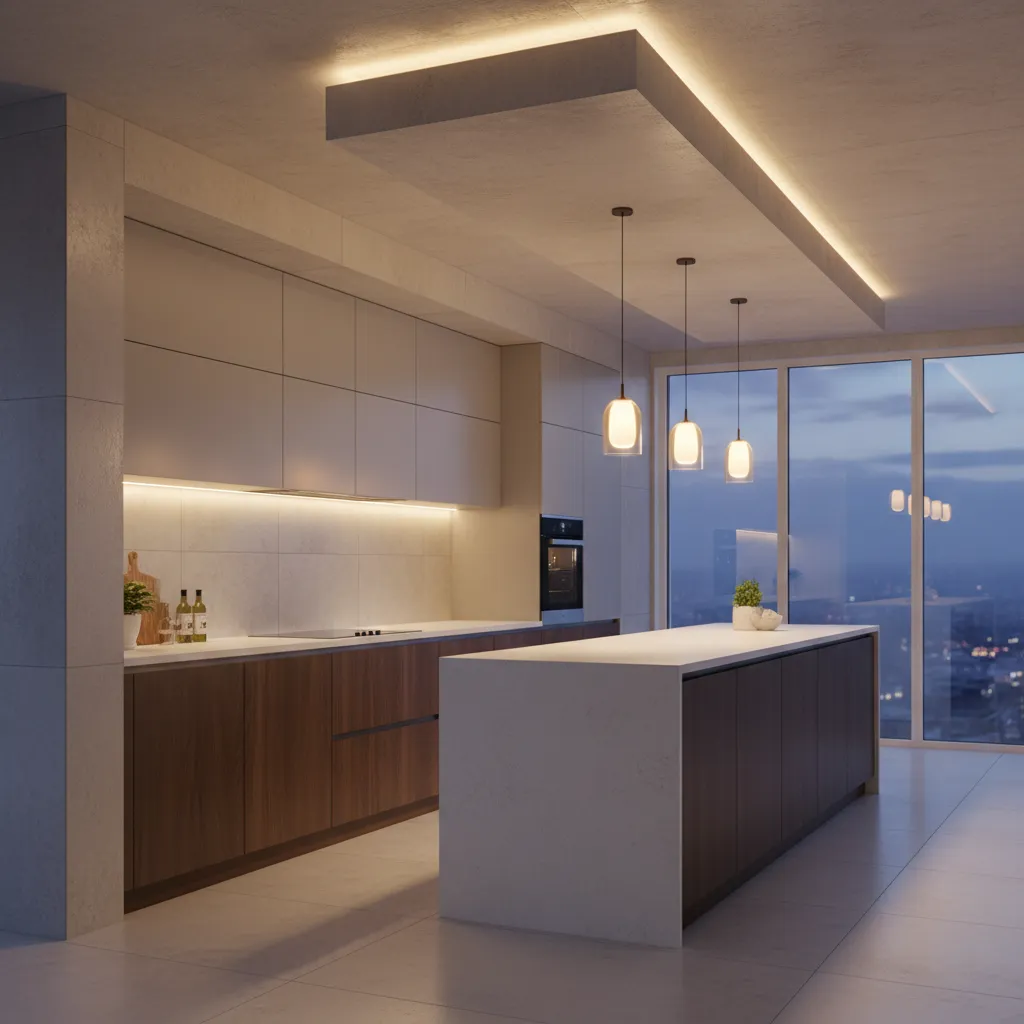 kitchen bulkhead with integrated LED strip lighting above cabinets