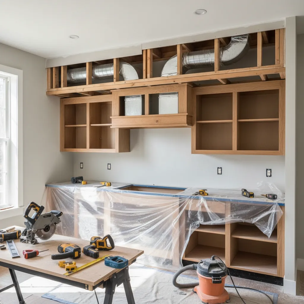 Kitchen renovation showing partial bulkhead removal exposing ductwork