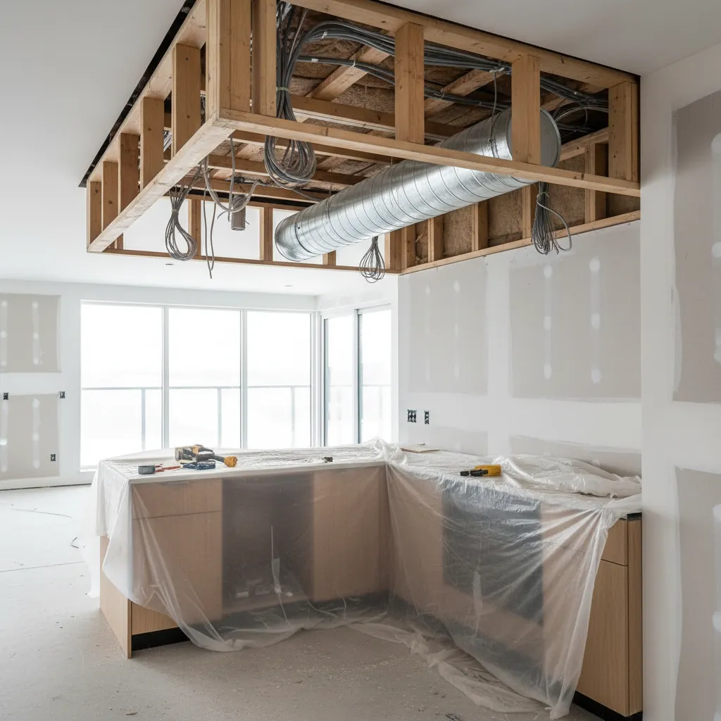 open kitchen bulkhead showing wood framing and electrical wiring inside