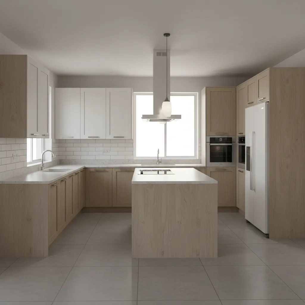 3D kitchen cabinet layout visualization showing base cabinets and wall cabinets