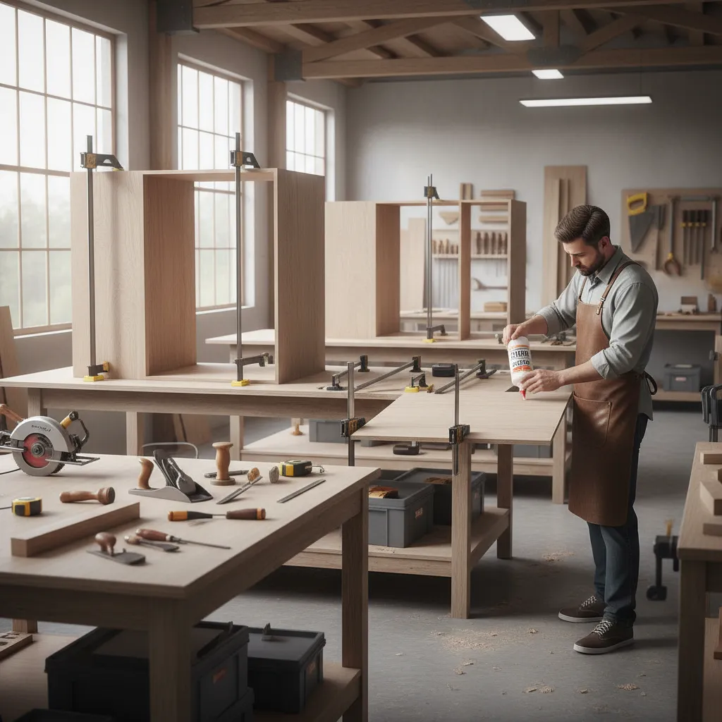 Cabinet maker applying wood glue to cabinet joints in workshop