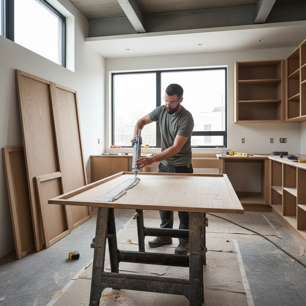 worker applying adhesive to wooden kitchen cabinet panel during installation