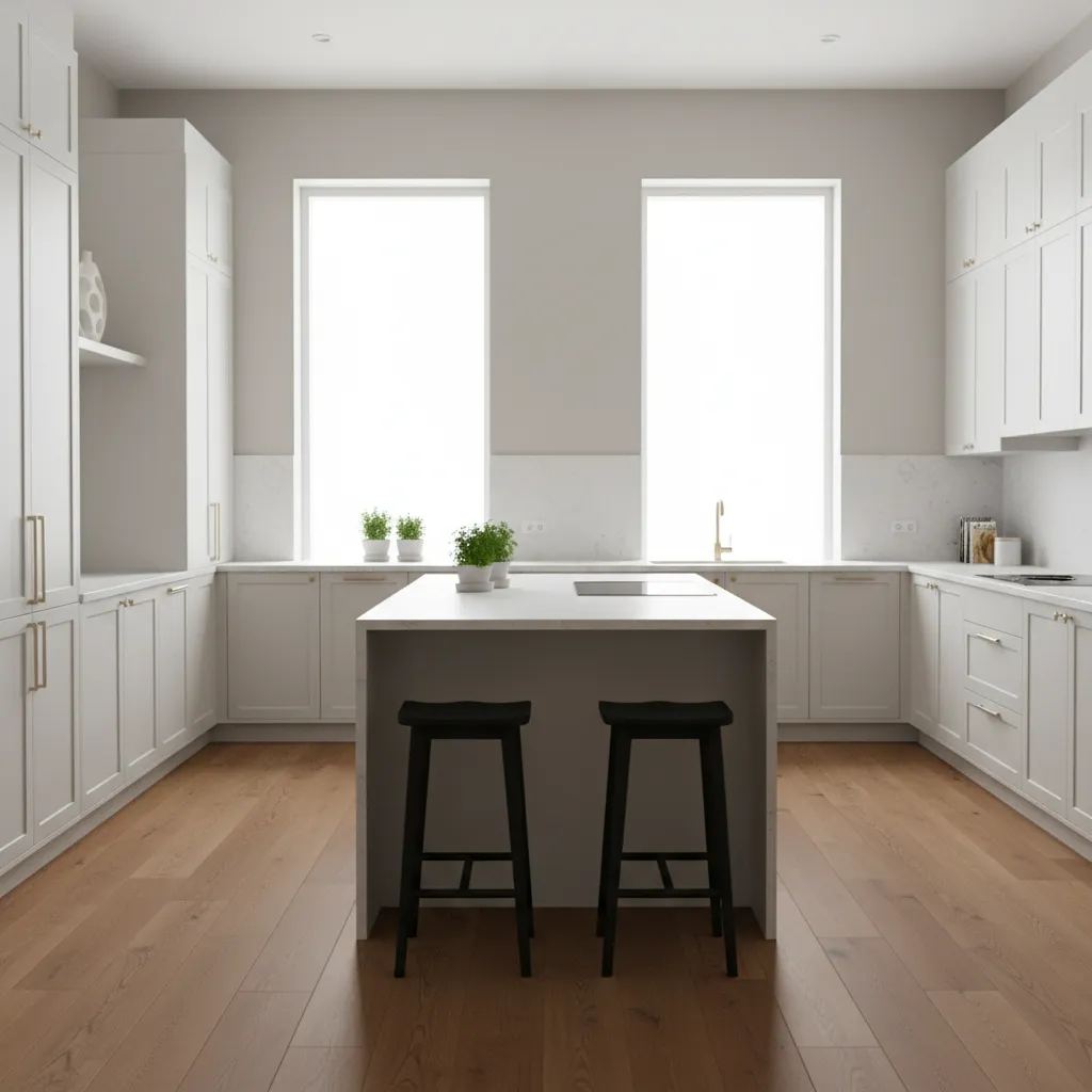 kitchen with white cabinets and warm oak flooring contrast