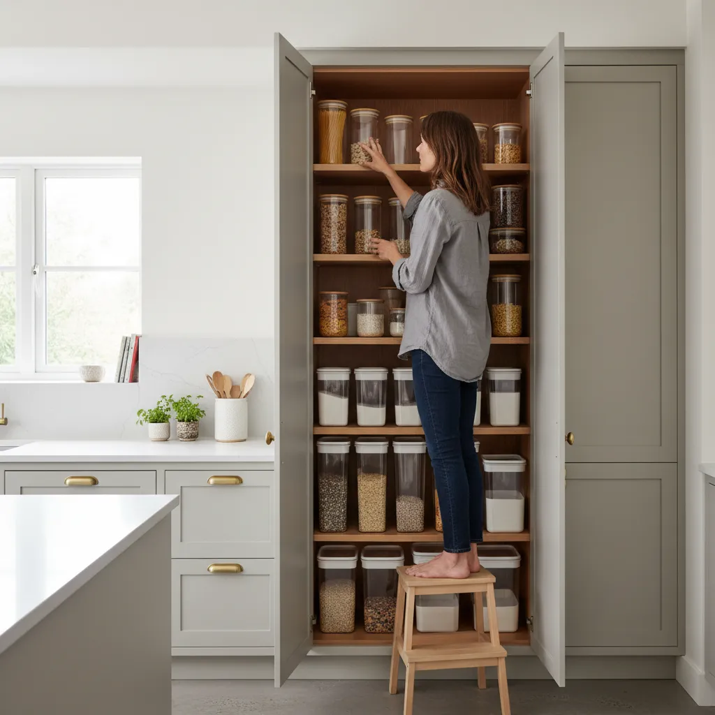 open kitchen cabinet with inspection for ants and pantry storage items